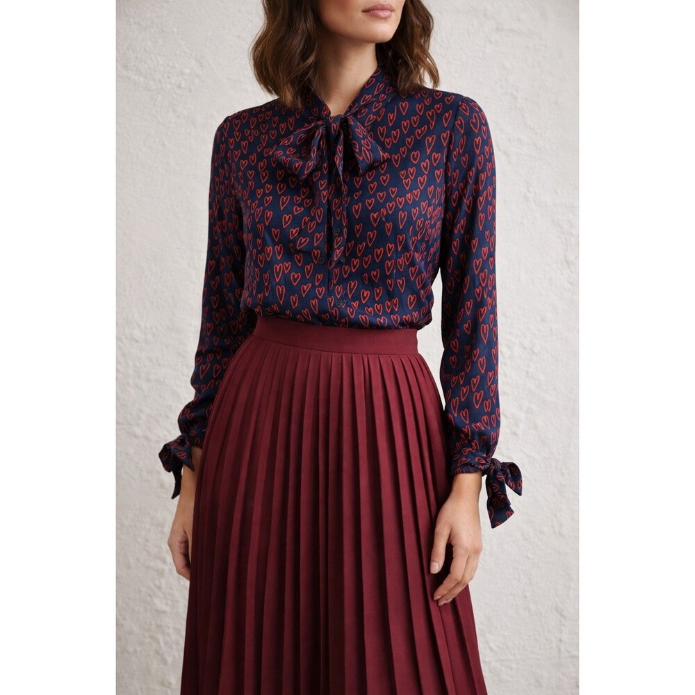 Claudie Pierlot Paris Heart Print Tie Neck Blouse 36 Navy Red Viscose